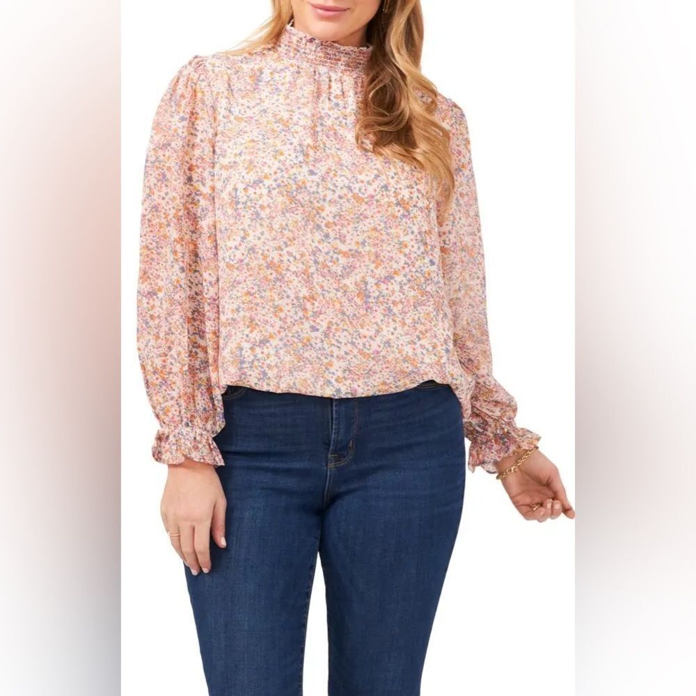 Micro Floral Print pastel Smocked Mock Neck Blouse modest pink plus size 0X